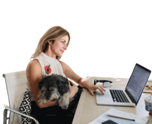 Woman with dog in a virtual meeting