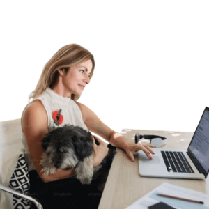 Woman with dog in a virtual meeting